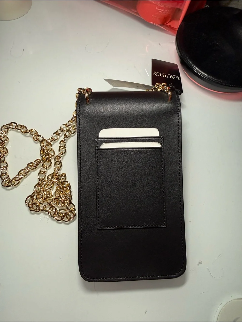 Ralph Lauren Black Leather Crossbody Phone Pouch with Gold Chain